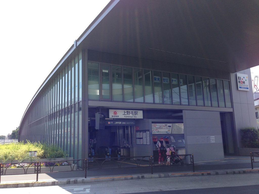 細い垂直フレームとガラス面が連続する上野毛駅の側面 / Side elevation of Kaminoge Station with repeating slender frames and glazing