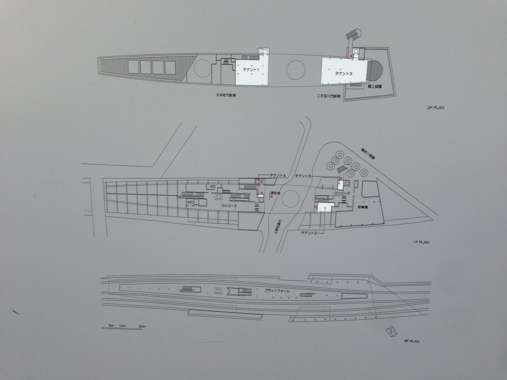 上野毛駅に掲示された駅施設と線路、周辺道路の配置図 / Diagram at Kaminoge Station showing the station, railway tracks and surrounding roads