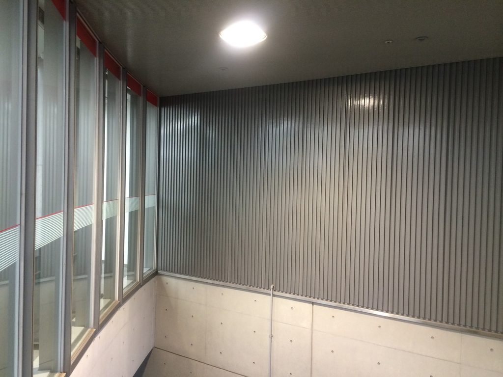 大きな庇の下でガラス面に沿って続く細いアプローチ / Narrow approach extending along the glass beneath the deep canopy