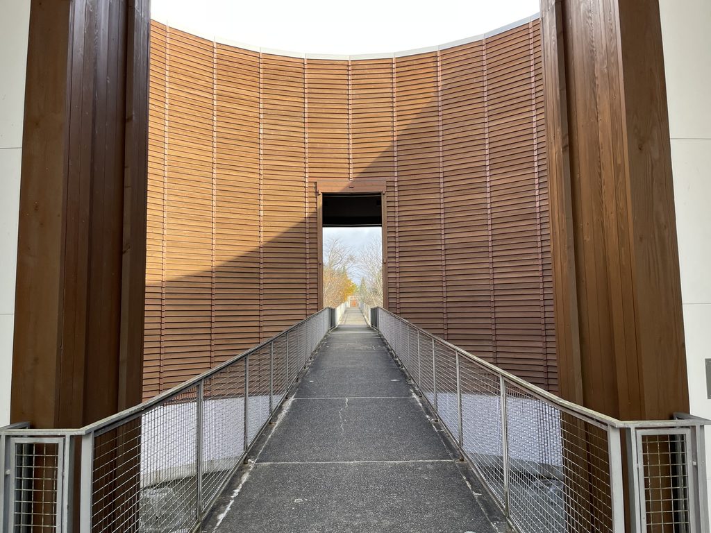 木の殿堂の円環内部へ直線的に延びるアプローチブリッジ / Straight approach bridge entering the circular Museum of Wood