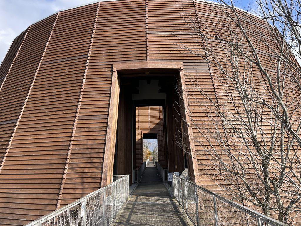 木のルーバーで覆われた木の殿堂の入口 / Entrance cut into the timber-clad exterior of the Museum of Wood