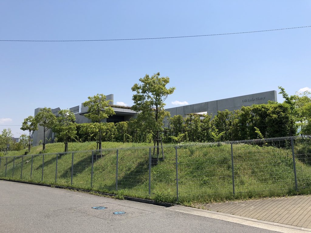 草地の斜面と樹木の上に水平に伸びる老木レディスクリニック2 / Oiki Ladies Clinic 2 extending horizontally above a planted grassy slope