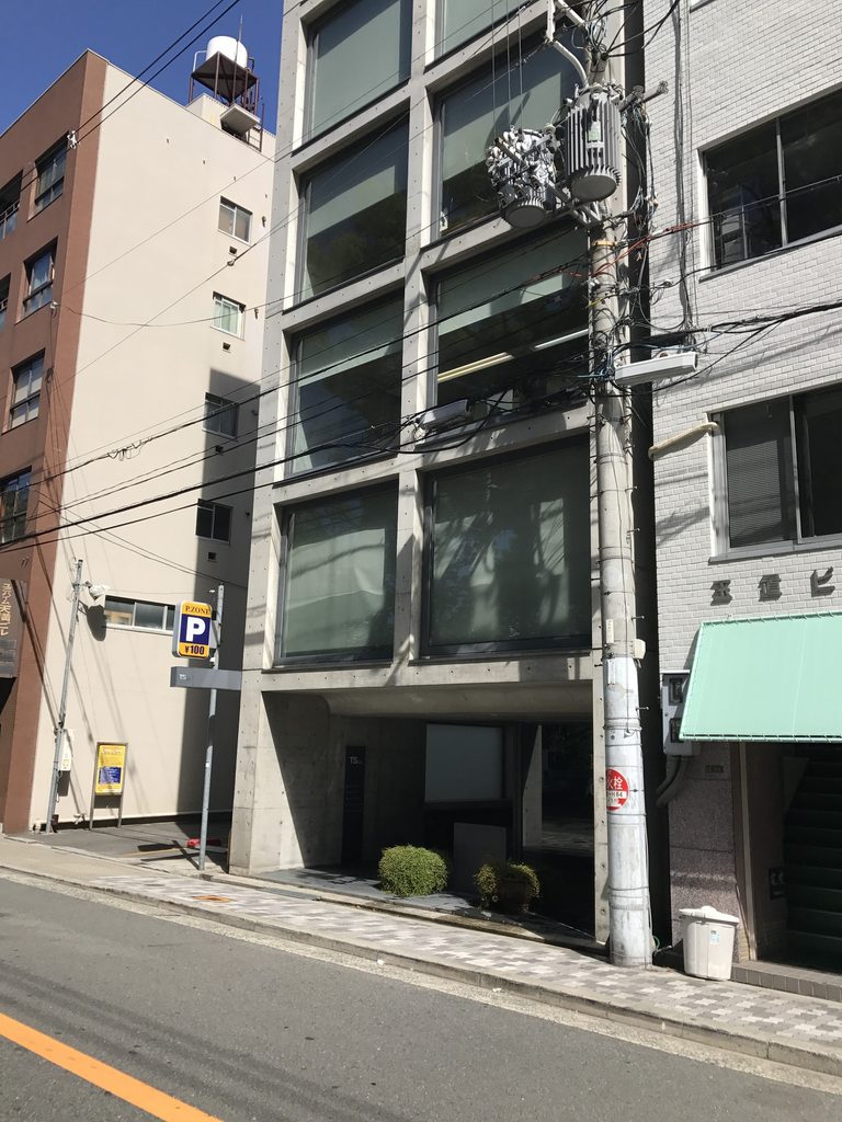 周囲の市街地とともに見るTSビルの縦長ファサード / Vertical facade of TS Building within the surrounding Osaka streetscape