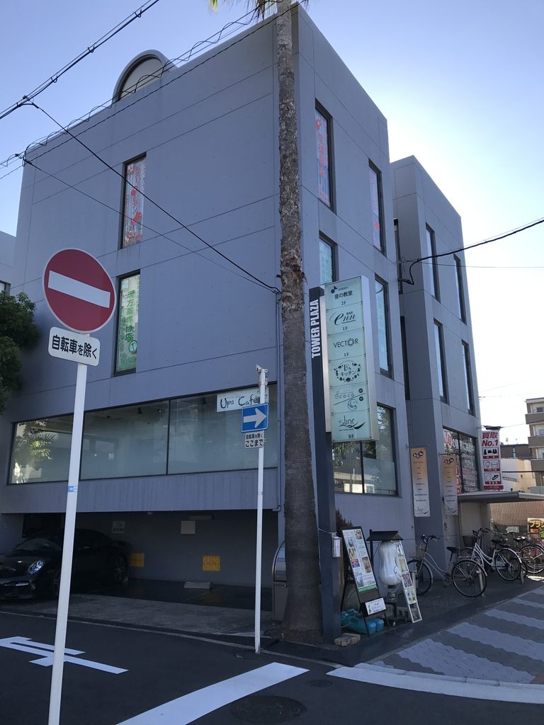 細長い壁面と縦長の開口を持つ帝塚山タワープラザの側面 / Side elevation of Tezukayama Tower Plaza with long walls and narrow openings