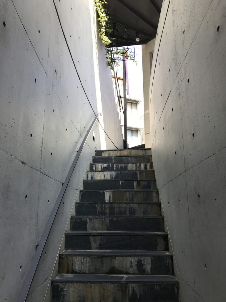 二枚のコンクリート壁の間を上るWALL STEPの外部階段 / Exterior stair climbing between concrete walls at WALL STEP